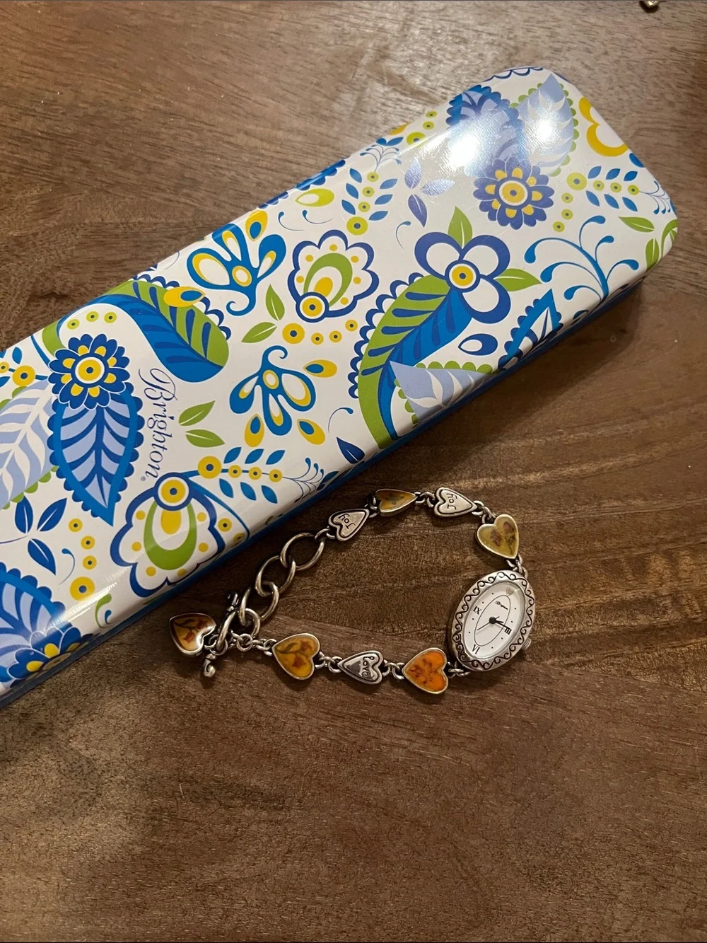 Brighton Heart Link Charm Watch Toggle Bracelet - Silver with Amber Hearts